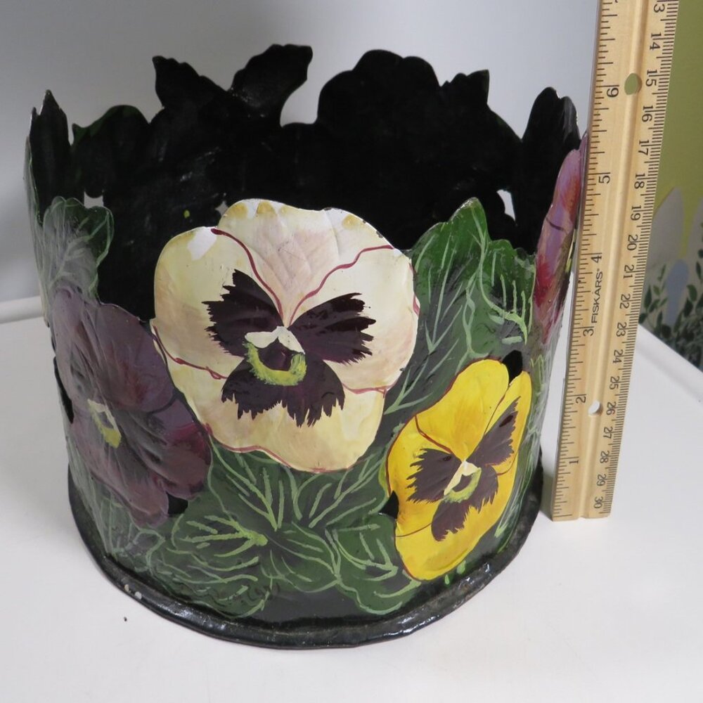 Vintage METAL pot cover Hand painted Tin Floral Hosley Planter Pansies